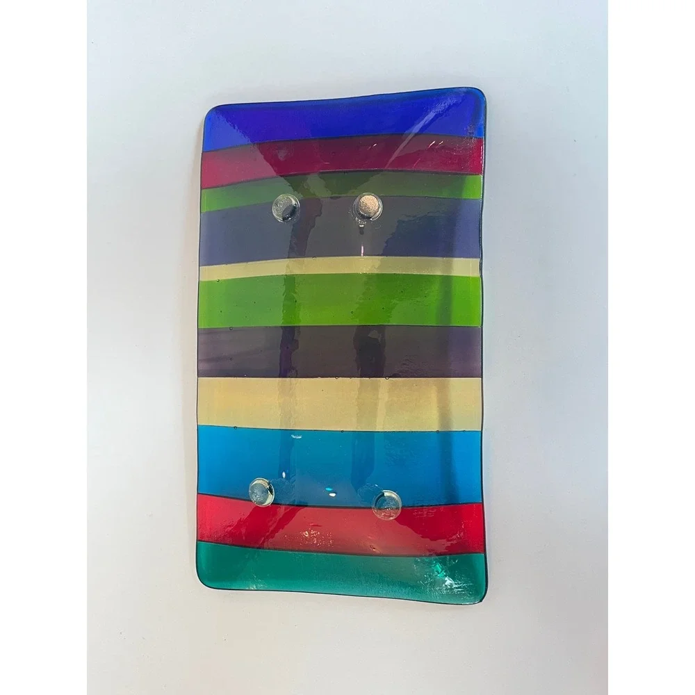 Artisan Signed Fused Glass Striped Tray Rainbow Rectangular‎ Decorative Dish
